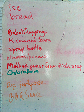 The actual list from my actual whiteboard on my actual refrigerator this afternoon.