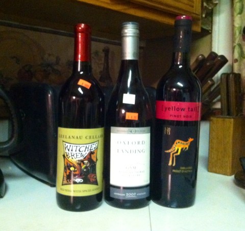 My three red wine choices: Leelanau Cellars' spiced Witches Brew, Oxford Landing's 2007 grenache shiraz mourvedre and Yellow Tail's pinot noir.
