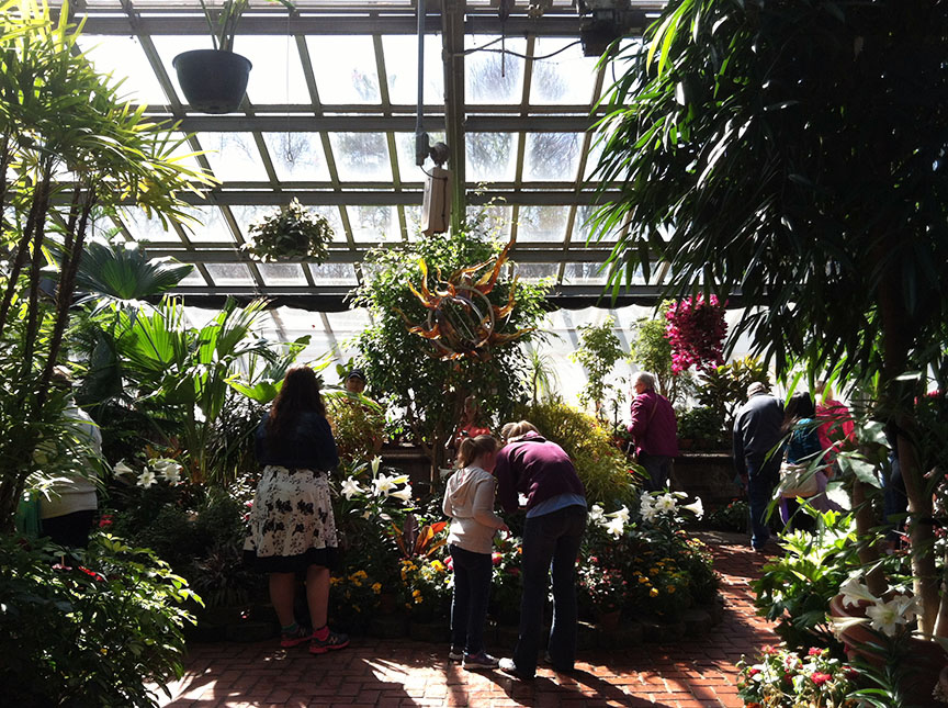 Inside the conservatory, which is filled with tropical plants year round and has a glass ceiling and walls