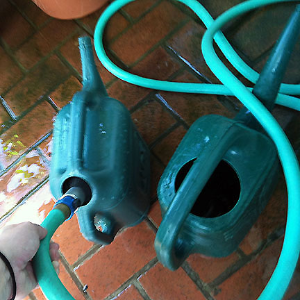 Using a hose to fill two watering cans