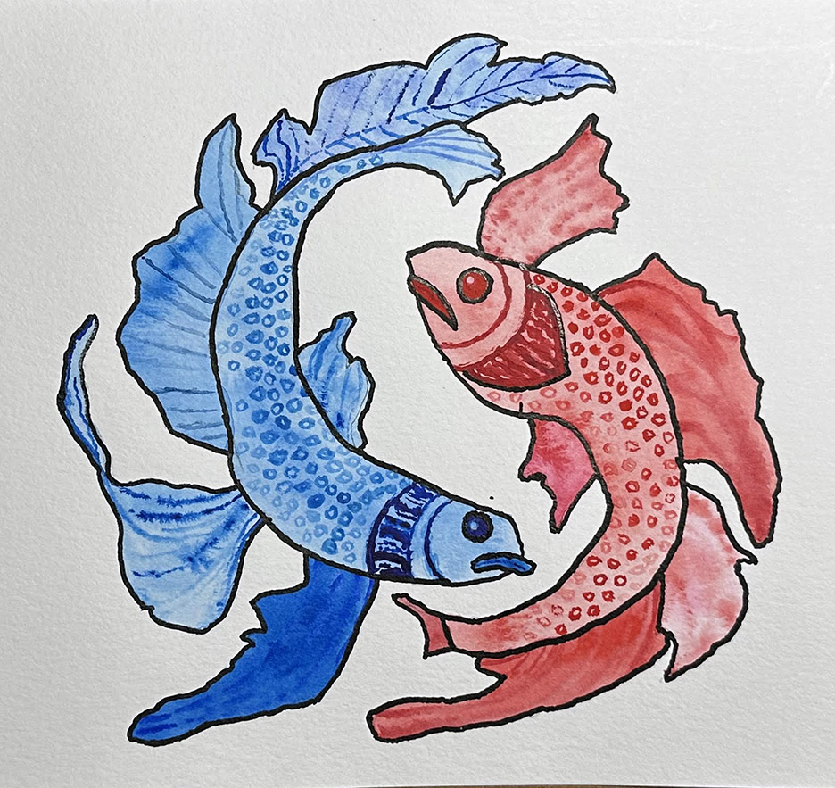 blue fish and red fish in circle